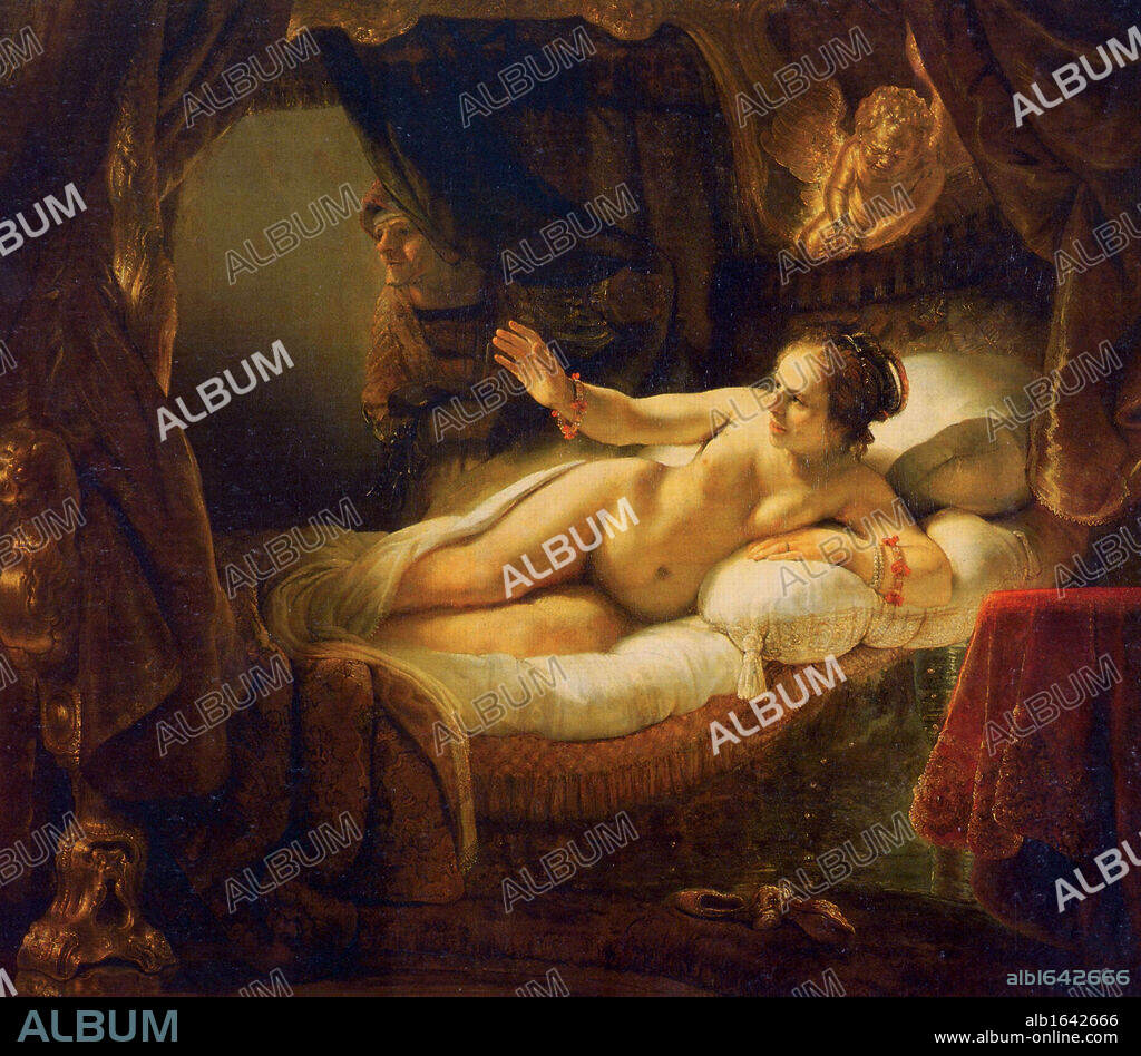 Danae', 1636. Oil on canvas. Rembrandt van Rijn (1606-1669) Dutch painter. Danae welcoming Zeus who impregnated here with a shower of gold, thus creating Perseus. Greek Mythology Nude Female.