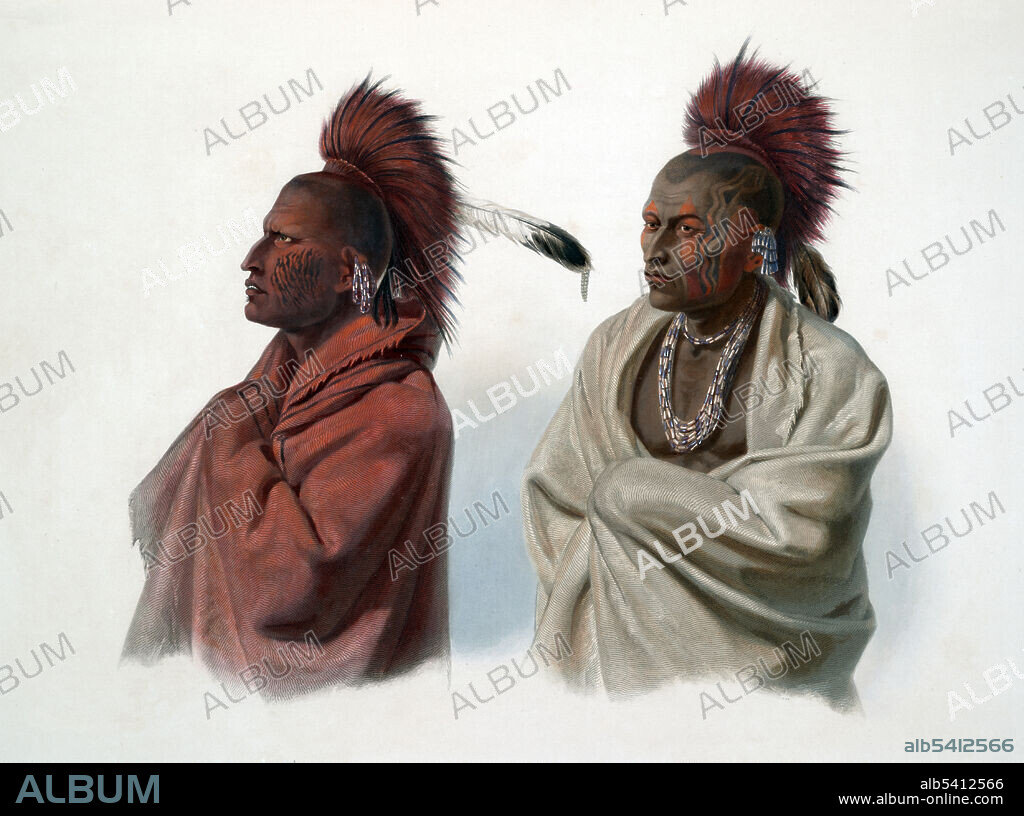Massika, a Sauk Indian, left, and Wakusasse, right, of the Meskwaki. Made at St. Louis, Missouri in March or April 1833 when Massika pleaded for the release of war chief, Blackhawk, following the Black Hawk War. The Sauk are a group of Native Americans of the Eastern Woodlands culture group, who lived primarily in the region of what is now Green Bay, Wisconsin, when first encountered by the French in 1667. The Meskwaki (sometimes spelled Mesquakie) are a Native American people often known as the Fox tribe. They have been closely linked to the Sauk people of the same language family. In the Meskwaki language, the Meskwaki call themselves Meshkwahkihaki, which means, the Red-Earths, related to their creation story. Voyage dans l'interieur de l'Amerique du Nord, execute pendant les annees 1832-34. Karl Bodmer (February 11, 1809, October 30, 1893) was a Swiss printmaker, lithographer, painter, illustrator and hunter.