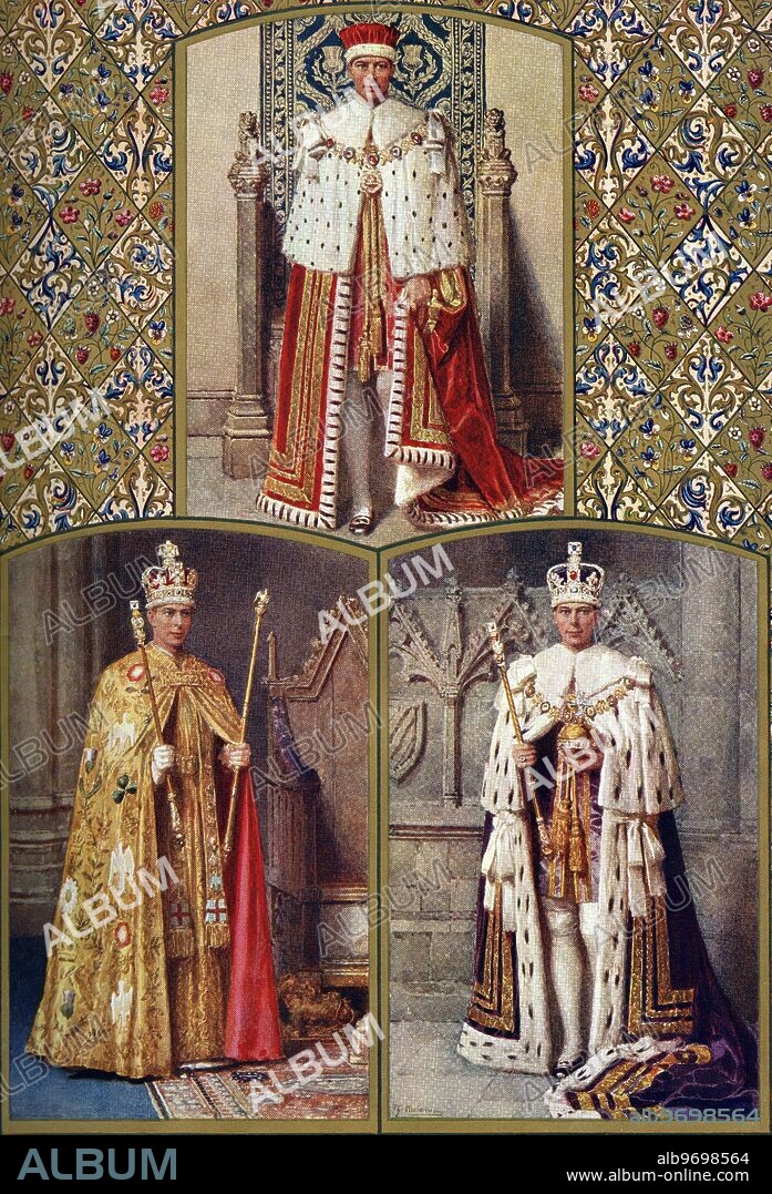 The King's Robes: the Crimson Robe of State with the Cap of Maintenance; the Golden Imperial Mantle with St. Edward's Crown; and the Robe of Purple Velvet with the Imperial State Crown, from the paintings by Fortunino Matania. ©TopFoto.