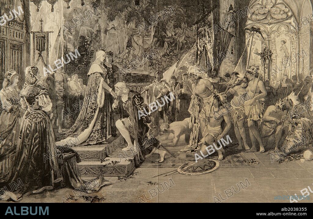 COLON, Cristóbal (¿1451-Valladolid,1506). Navegante y descubridor del Nuevo Mundo. "Cristobal Colón en la Rábida". "PRESENTACION DE CRISTOBAL COLON A LOS REYES CATOLICOS, EN BARCELONA". Grabado por Rico, extraído de un cuadro de Ricardo Anckermann. "La Ilustración Artística".