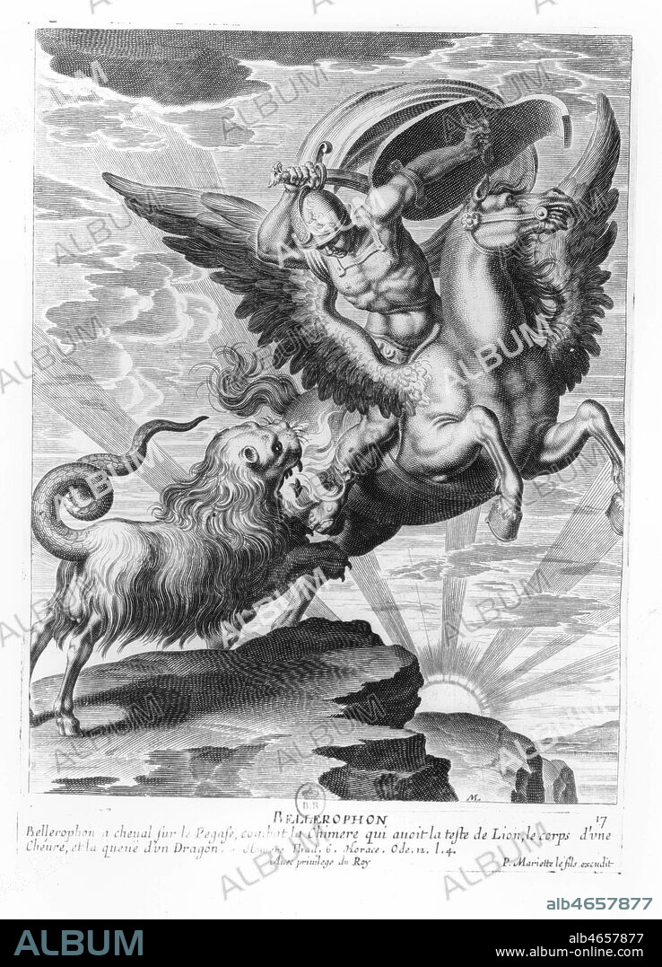 'Bellerophon a cheval sur Pegase, combat la Chimere qui avait la tete de lion, le corps d'une chevre et la queue d'un dragon'. Apres la reussite de nombreux exploits, Bellerophon tentera de rejoindre l'Olympe sur le dos de Pegase pour devenir immortel, mais Zeus le foudroiera, il sera desarconne et fera une chute mortelle jusqu'au sol. Gravure 18eme siecle. Credit : Collection KHARBINE-TAPABOR.