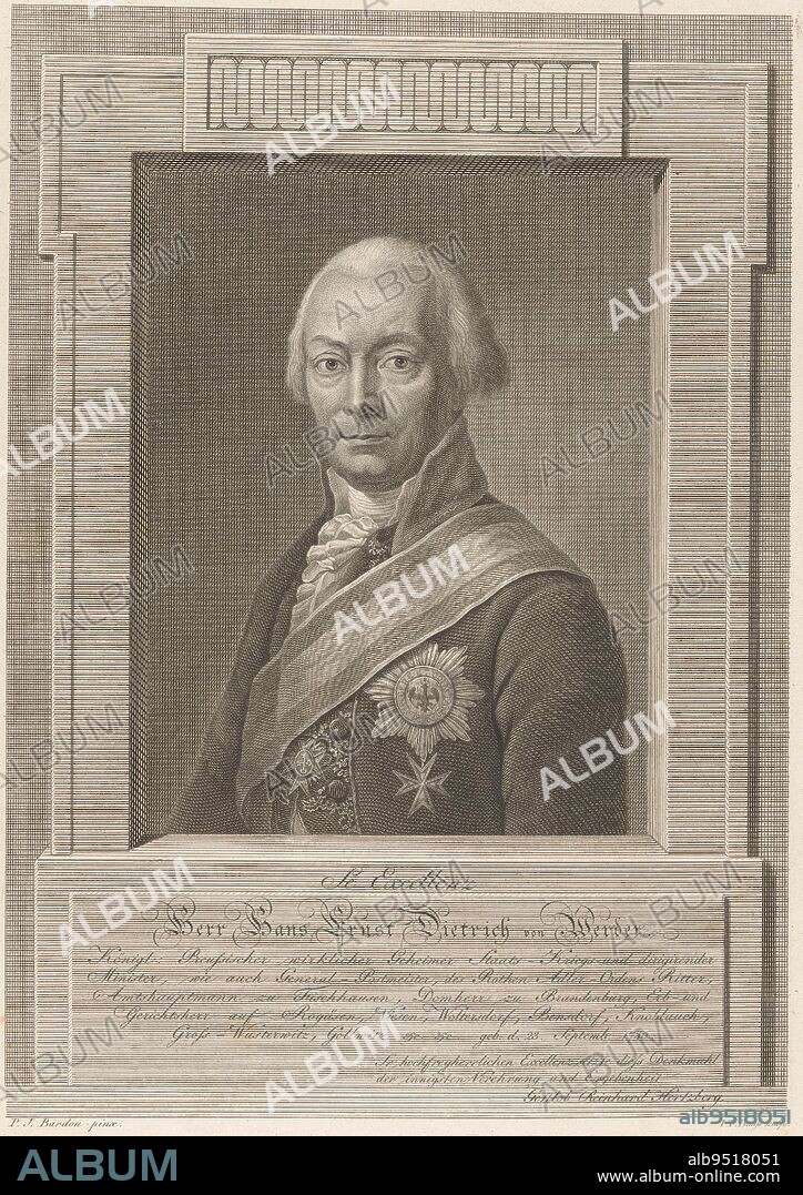 Portrait of Hans Ernst Dietrich von Werder, Johann Friedrich Bause, after Paul Josef Bardou, 1796, print maker: Johann Friedrich Bause, (mentioned on object), after: Paul Josef Bardou, (mentioned on object), Gottlob Reinhard Hertzberg, (mentioned on object), Leipzig, 1796, paper, engraving, etching, h 347 mm × w 251 mm.