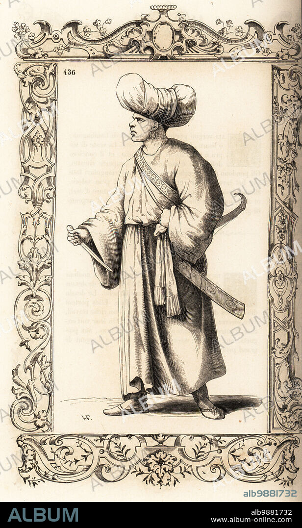 Costume of a Moorish man of quality, 16th century. In wide-sleeved chemise with striped belt, large turban, slippers, gold earrings, with dagger, scimitar and bow and arrows. Within a decorative frame engraved by H. Catenacci and Fellmann. Woodblock engraving by Gerard Seguin and E.F. Huyot after a woodcut by Christoph Krieger from Cesare Vecellios 16th century Costumes anciens et modernes, Habiti antichi et moderni di tutto il mondo, Firman Didot Ferris Fils, Paris, 1859-1860.