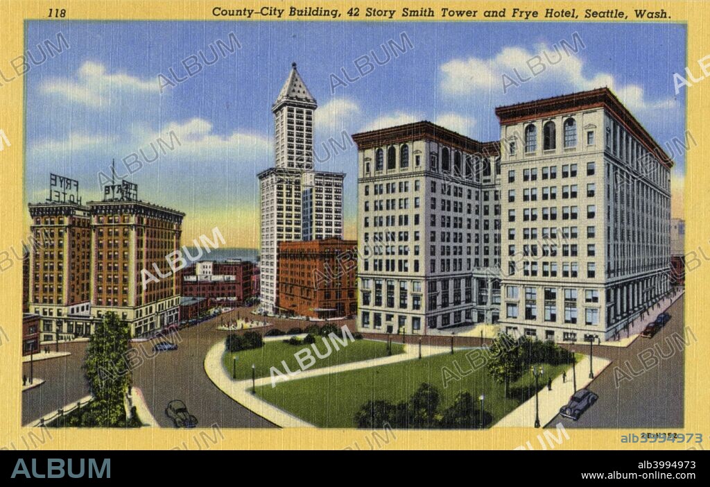 County-City Building, Smith Tower and Frye Hotel, Seattle, Washington, USA, 1942. Vintage linen postcard showing a landscaped park in front of the buildings. Situated on Pioneer Square, the 42-storey Smith Tower is the oldest skyscraper in Seattle. Completed in 1910, it was built for Lyman Cornelius Smith, a firearms and typewriter magnate. It was the tallest building on the US west coast until the Space Needle was built in Seattle in 1962.
