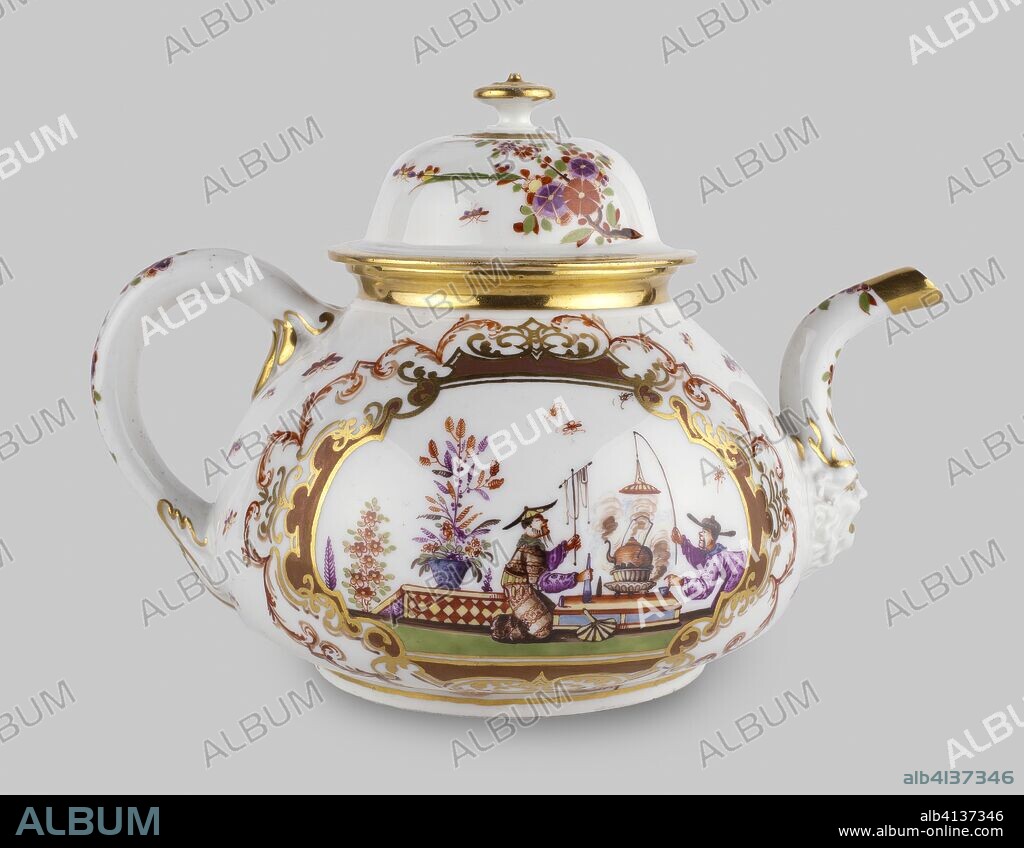 Teapot. Meissen Porcelain Manufactory (German, founded 1710); Painted in the style of Johann Gregorius Höroldt (German, 1696-1775); Germany, Meissen. Date: 1723-1724. Dimensions: 12.5 × 11 cm (4 9/10 × 4 3/10 in.). Hard-paste porcelain with polychrome enamels and gilding. Origin: Meissen.