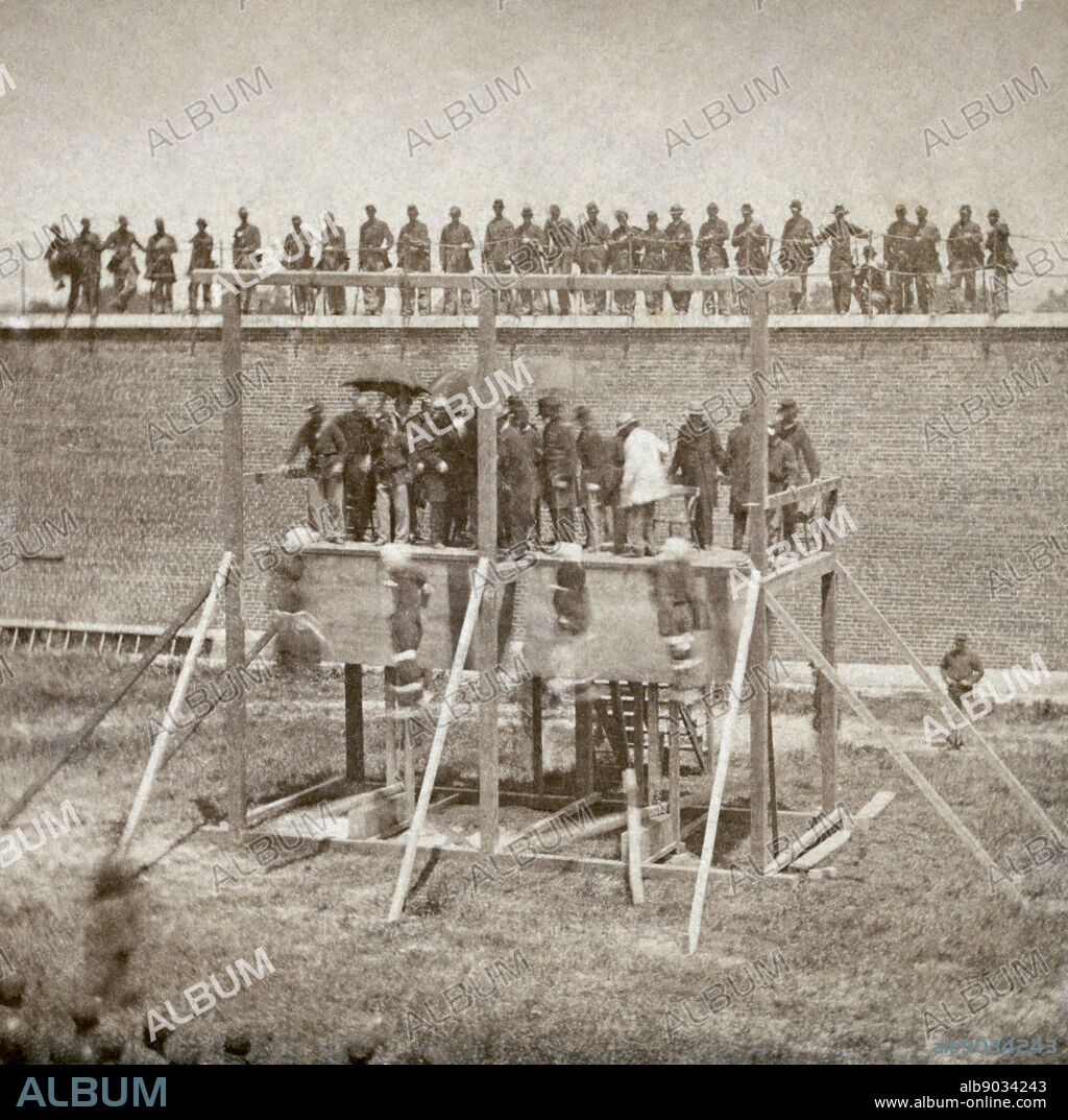 Execution of Mary Surratt, Lewis Powell, David Herold, and George Atzerodt, conspirators of Abraham Lincoln assassination, on July 7, 1865 at Fort McNair in Washington, D.C.
