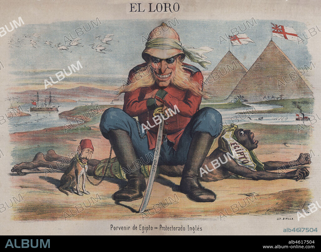 El Loro. Dibujo satírico político. Política europea, Porvenir de Egipto, protectorado inglés. Septiembre de 1882.