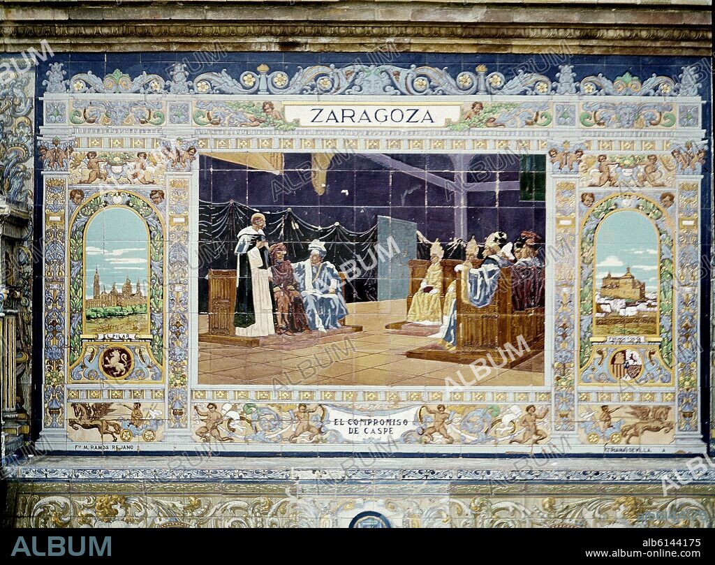 REPRESENTACION DEL COMPROMISO DE CASPE - ZARAGOZA - MOSAICO DE LA PLAZA DE ESPAÑA DE SEVILLA - SIGLO XX.