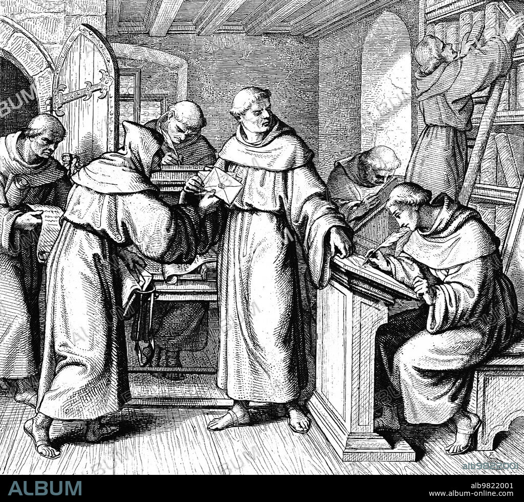 Martin Luther as Vicar General of the Augustinian fraternity, vicar, room, monks, writing, desk, shelf, books, occupation, letter, door, 16th century, historical illustration c. 1860