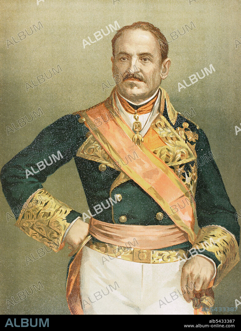 Joaquín Baldomero Fernández-Espartero Alvarez de Toro (1793-1879), called Baldomero Espartero. Spanish military and politician. He served as the Regent of Spain. Portrait. Chromolithography. "Historia General de España" (General History of Spain), by Miguel Morayta. Volume VII. Madrid, 1893.