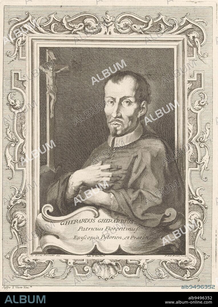 Portrait of Bishop Gherardo Gherardi Portraits of Bishops and Cardinals , print maker: Antonio Pazzi, (mentioned on object), intermediary draughtsman: Giovanni Domenico Ferretti, (mentioned on object), publisher: Teodoro Viero, (mentioned on object), print maker: Italy, intermediary draughtsman: Italy, publisher: Venice, 1750 - 1819, paper, engraving, h 269 mm × w 203 mm.