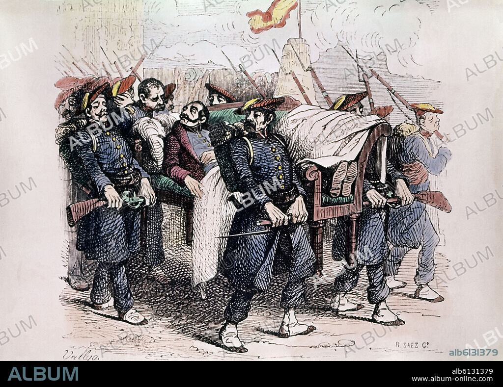 EL GENERAL ZUMALACARREGUI  HERIDO ES TRANSPORTADO POR SUS SOLDADOS - I GUERRA CARLISTA 1833/40.