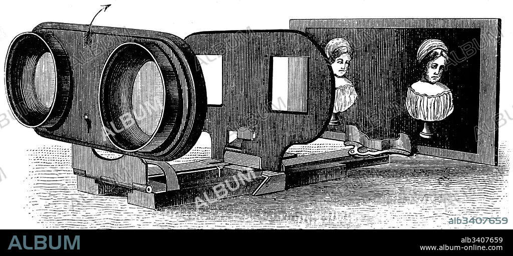 Engraving depicting a Wheatstone stereoscope. Sir Charles Wheatstone (1802-1875) an English scientist and inventor of the Victorian Era. Dated 19th Century.