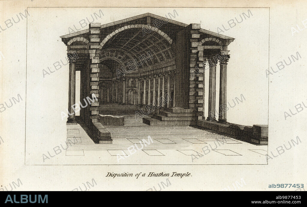 Plan and section of an ancient Roman temple. Eight-column portico removed to show interior with pillars, alcoves for statues of gods, rooms for sacerdotal robes. Disposition of a heathen temple. Copperplate engraving from Francis Fitzgeralds The Artists Repository and Drawing Magazine, Charles Taylor, London, 1785.