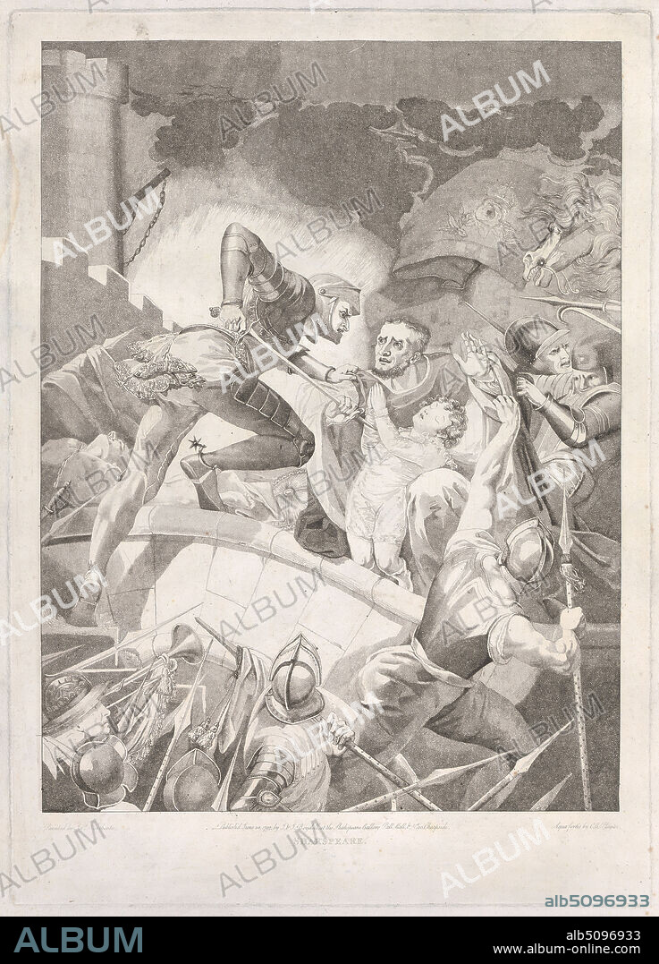 Henry VI, Part III: Act I, Scene III, A Field of Battle betwixt Sandal Castle ., Print made by Charles Gauthier Playter, died 1809, after James Northcote, 17461831, British, 1793, Stipple engraving, etching, and aquatint on medium, slightly textured, cream laid paper, Sheet: 28 1/2 × 20 1/8 inches (72.4 × 51.1 cm), Plate: 22 3/4 × 16 1/4 inches (57.8 × 41.3 cm), and Image: 19 5/8 × 14 3/4 inches (49.8 × 37.5 cm), armor, battle, child, Henry VI, part III by William Shakespeare, literary theme, praying.