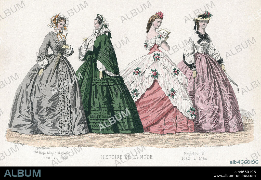 La mode sous la 2eme Republique et sous Napoleon III (1848 a 1864). Illustration de 1875 par Friedrich LIX (1830-1897) pour Histoire de la mode en France par Augustin CHALLAMEL (1818-1894). Credit : Collection Jonas/Kharbine-Tapabor.