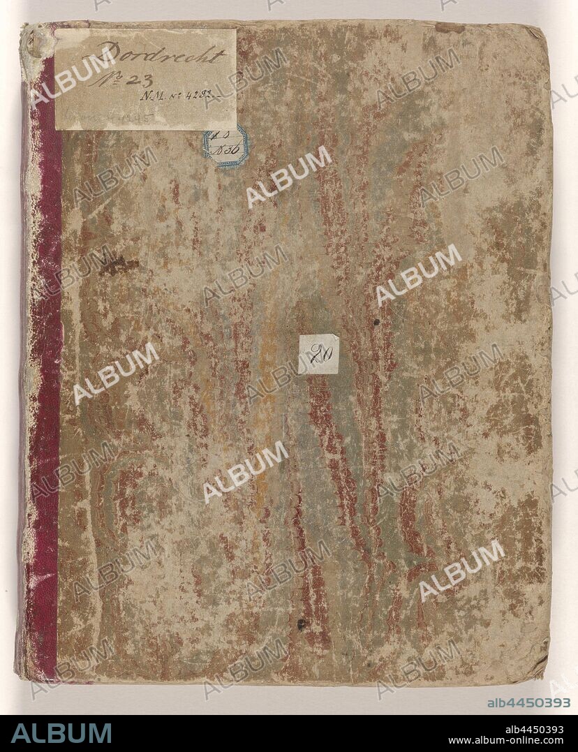 Poems on the sword with which Johan van Oldenbarnevelt is allegedly beheaded, Band of brown cardboard with back of red leather, with partly described, partly blank pages on which 49 handwritten poems by different people on the sword of Oldenbarnevelt. At the front a list of 'Poeten en Poetessen op het Swaard', then three glued texts (2 letters and 1 poem), after which the remaining poems are written on the pages of the book. The sword was owned by Frans Greenwood, who invited the poets to make their verses. Note: Signed: under each poem. Dated: under almost every poem. Inscription: Dordrecht No. 23, Johan van Oldenbarnevelt, Frans Greenwood, Dordrecht, 1743 - 1745, paper, cardboard, leather, ink, writing (processes), h 290 mm × w 228 mm × t 45 mm.