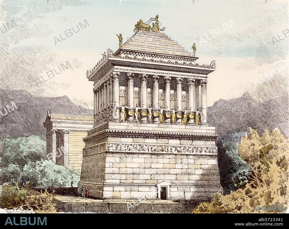 Halikarnassos, heute türk. Bodrum, Mausoleum (erbaut von Pythos für König Mausolos, gest. 353 v. Chr.; eines der sieben Weltwunder der Antike). "Das von Artemisia ihrem Gemahl errichtete Mausoleum". Holzstich, altkoloriert, nach Zeichnung, 1886, von Ferdinand Knab. (1834-1902). Münchener Bilderbogen, München (Braun & Schneider) Nr. 927. Berlin, Sammlung Archiv für Kunst und Geschichte.
