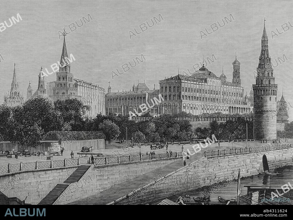 Rusia. Moscú. Vista del exterior del Palacio Imperial del Kremlin, desde el Río Moskowa. Grabado por Vela. La Ilustración Española y Americana, 8 de julio de 1883.