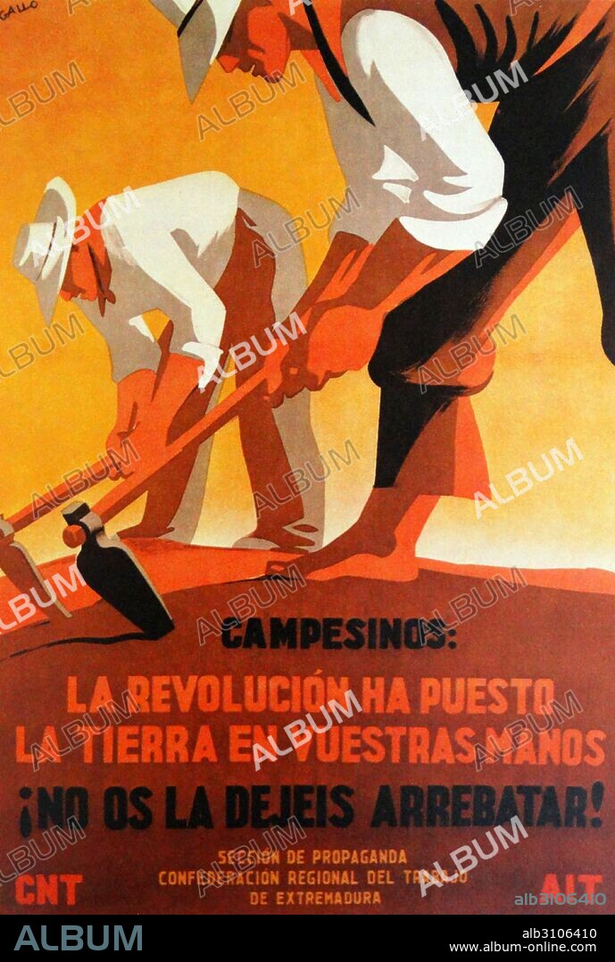 CNT antifascist propaganda poster about land ownership by the people, during the Spanish Civil War.