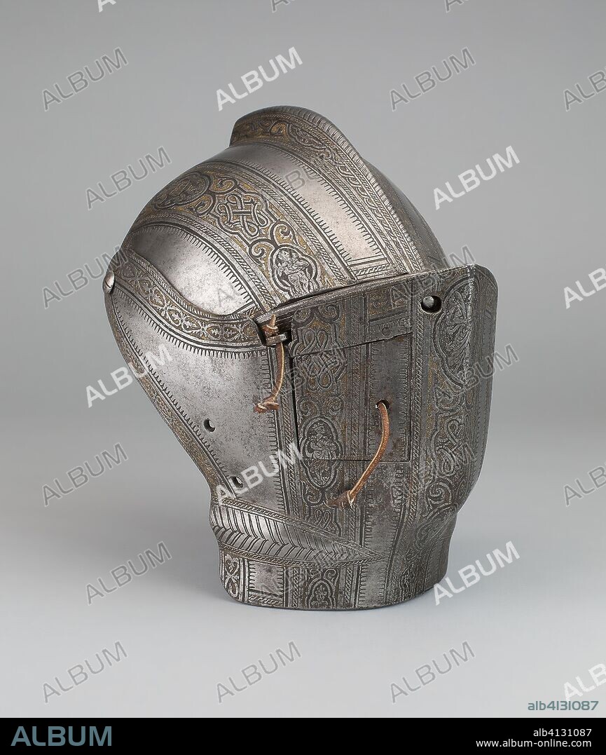 Portions of a Jousting Helmet. Italian; Milan. Date: 1560-1590. Dimensions: H. 40.6 cm (16 in.). Steel, gilding, and leather. Origin: Milan.