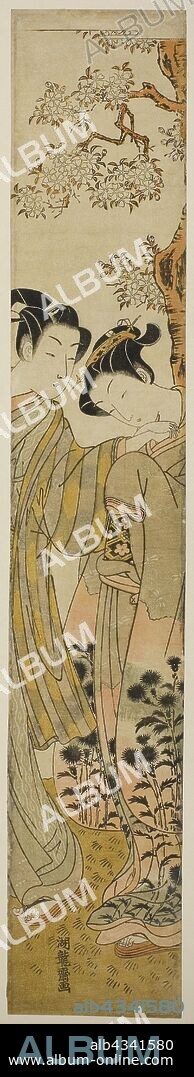 Lovers Under a Cherry Tree, c. 1771, Isoda Koryusai, Japanese, 1735-1790, Japan, Color woodblock print, hashira-e, 26 5/8 x 4 in.