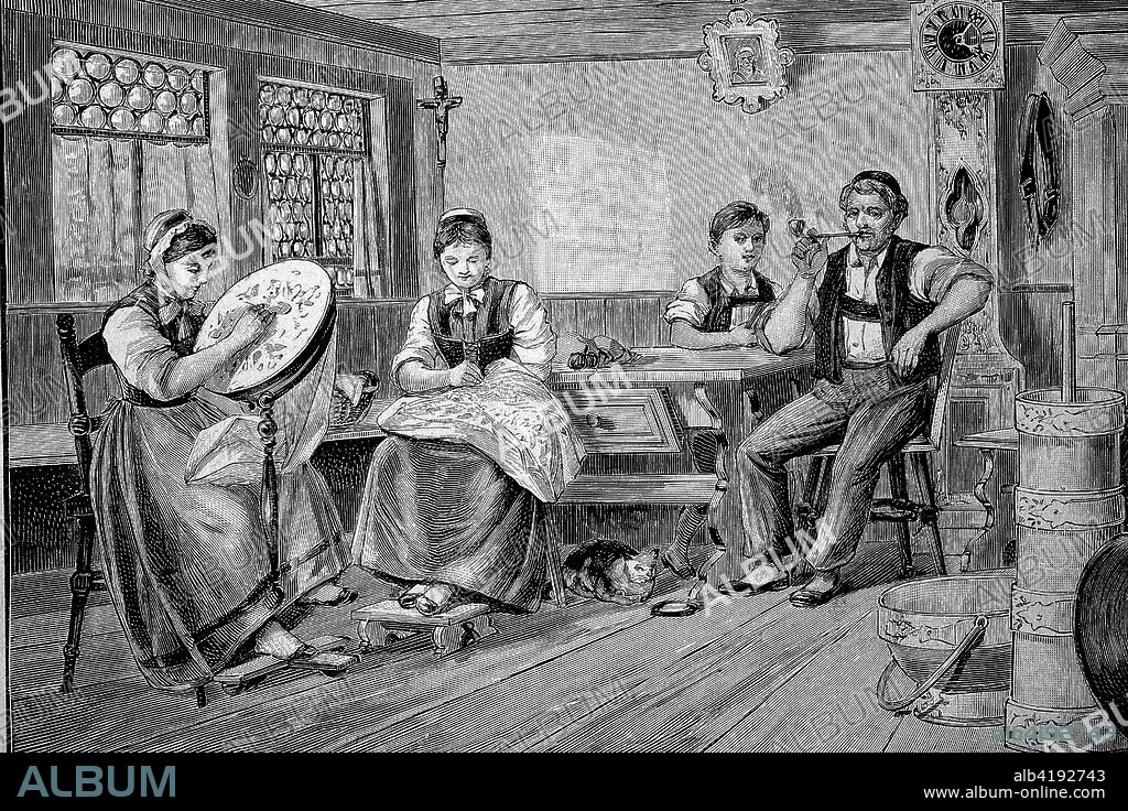 family on a sunday afternoon in a living room in a farm in the aerea of Appenzell, a region in Switzerland, historical image or illustration from the year 1894, digital improved.