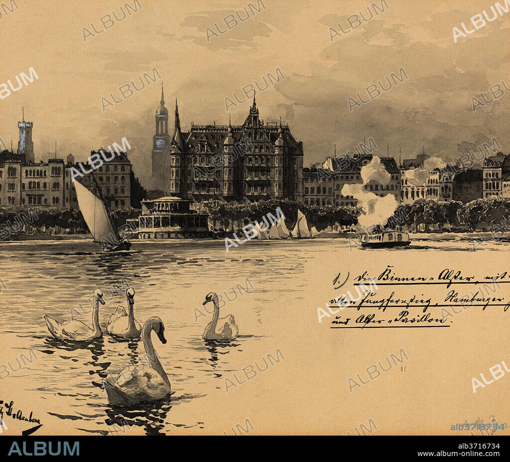 FRITZ STOLTENBERG. Binnenalster mit Jungfernstieg. Dated: 1893. Medium: watercolor.