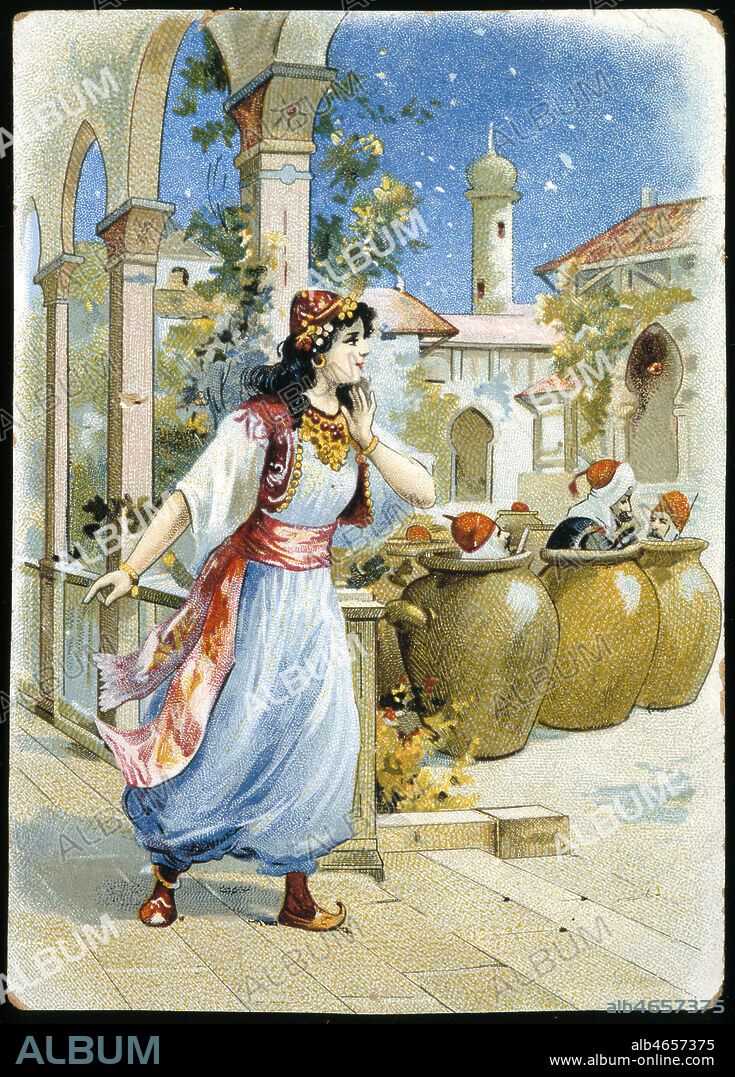 ALI BABA et les 40 Voleurs. La femme d'Ali Baba s'apercoit de la supercherie des 40 voleurs, caches dans les jarres . Chromolithographie, Conte des Mille et une Nuits. Credit Collection Kharbine tapabor.