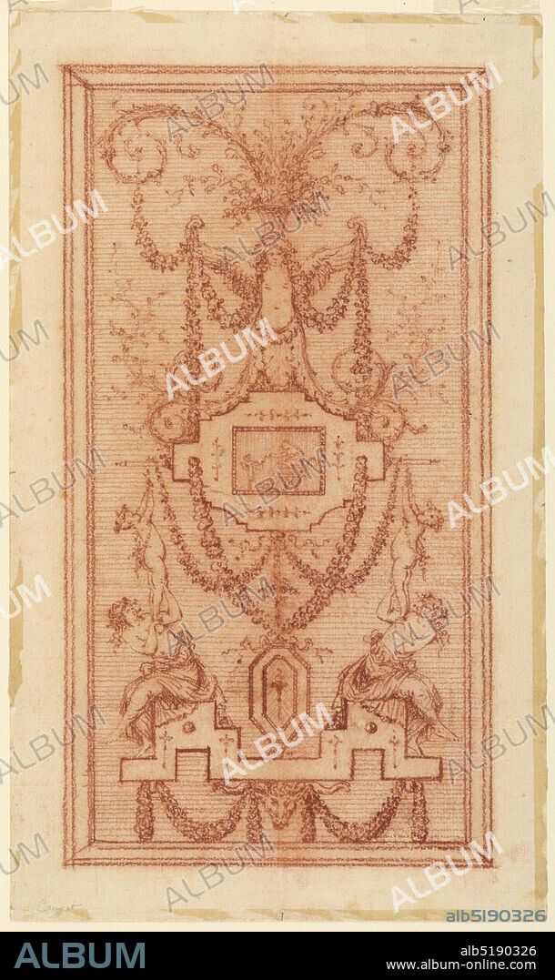 Design for a Decorative Panel (with Nymphs and Garlands), Gilles Paul Cauvet, French, 17311788, Red chalk on paper, A design for a decorative panel with vertical composition. From the bottom up: a ram's head supports an elaborate pedestal upon which sit two girls. They carry children on their shoulders. The children, standing, fasten festoons to bars, which are projecting laterally from an octagonal frame. At the center of the frame is a representation of a sitting woman and child. This is the central motif on the entire panel. Above, a half figure of a winged girl stands upon the frame. She carries upon her head a basket with long tree branches and vegetal scrolls. The composition is inscribed within a frame., France, ca. 1775, wallpaper designs, Drawing, Drawing.