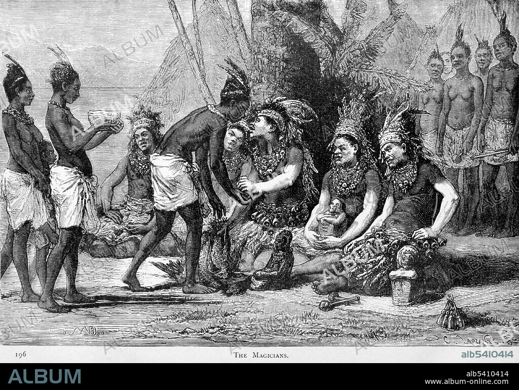 Fetishmen at Kowedi, on the Banks of the Lovoi, Gabon. The Mitsoghos are the people of the Massifs de Chaillu mountains in the Ngounié province of Gabon. They are a relatively small ethnic group who are revered and feared for their abilities in conjuring spirits from the afterworld, and celebrated magicians and healers. Little is known of tribal life before European contact, but tribal art suggests a rich cultural heritage. A fetish is an object believed to have supernatural powers, or in particular, a human-made object that has power over others. Africa illustrated by William. R. Smith; illustrated by the most eminent artists, 1889 (cropped and cleaned).