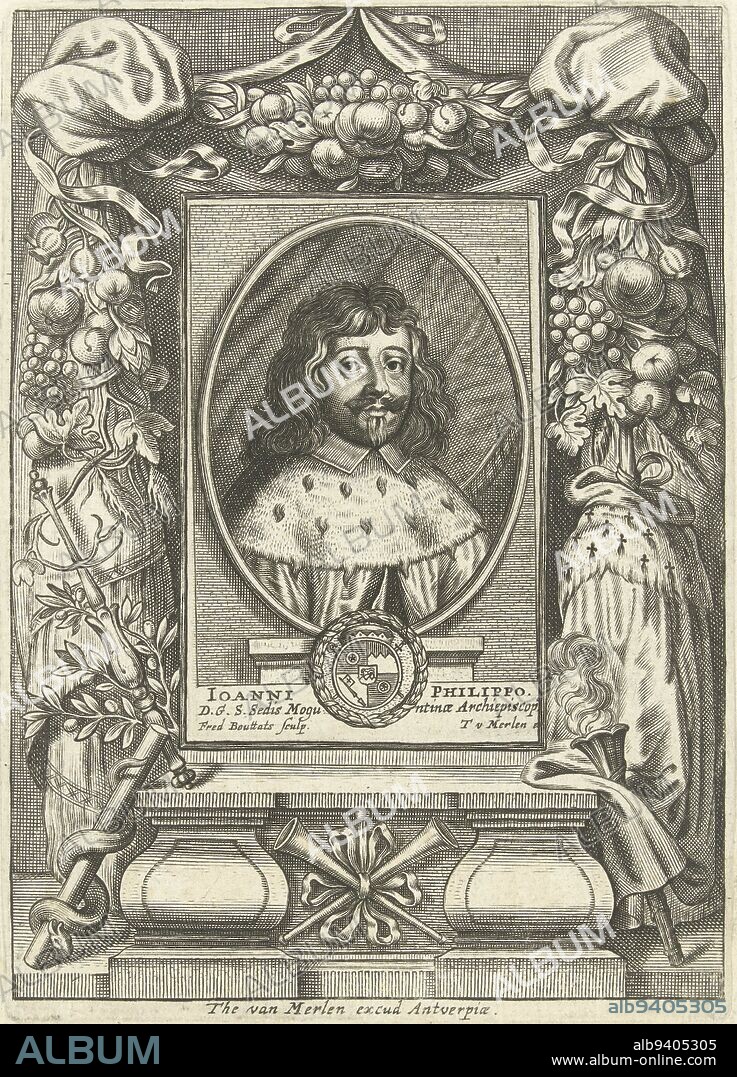Portrait of Johann Philipp von Schönborn, Frederick Bouttats (I), 1647 - 1676, Portrait in an oval frame of Johann Philipp von Schönborn, archbishop of Mainz, bishop or Würzburg and bishop of Worms. Bust to right. Johann Philipp von Schönborn wears an ermine cloak. The print has a Latin caption with the name of the person portrayed., print maker: Frederik Bouttats (I), (mentioned on object), publisher: Theodor van Merlen (II), (mentioned on object), Antwerp, 1647 - 1676, paper, engraving, h 165 mm × w 117 mm × h 87 mm × w 56 mm.