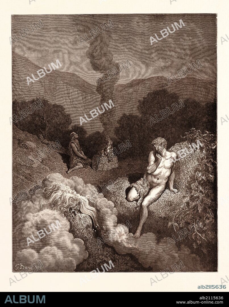 CAIN AND ABEL OFFERING THEIR SACRIFICES, BY GUSTAVE DORÉ. Gustave Dore, 1832 - 1883, French. Engraving for the Bible. romanticism, colour, color engraving.