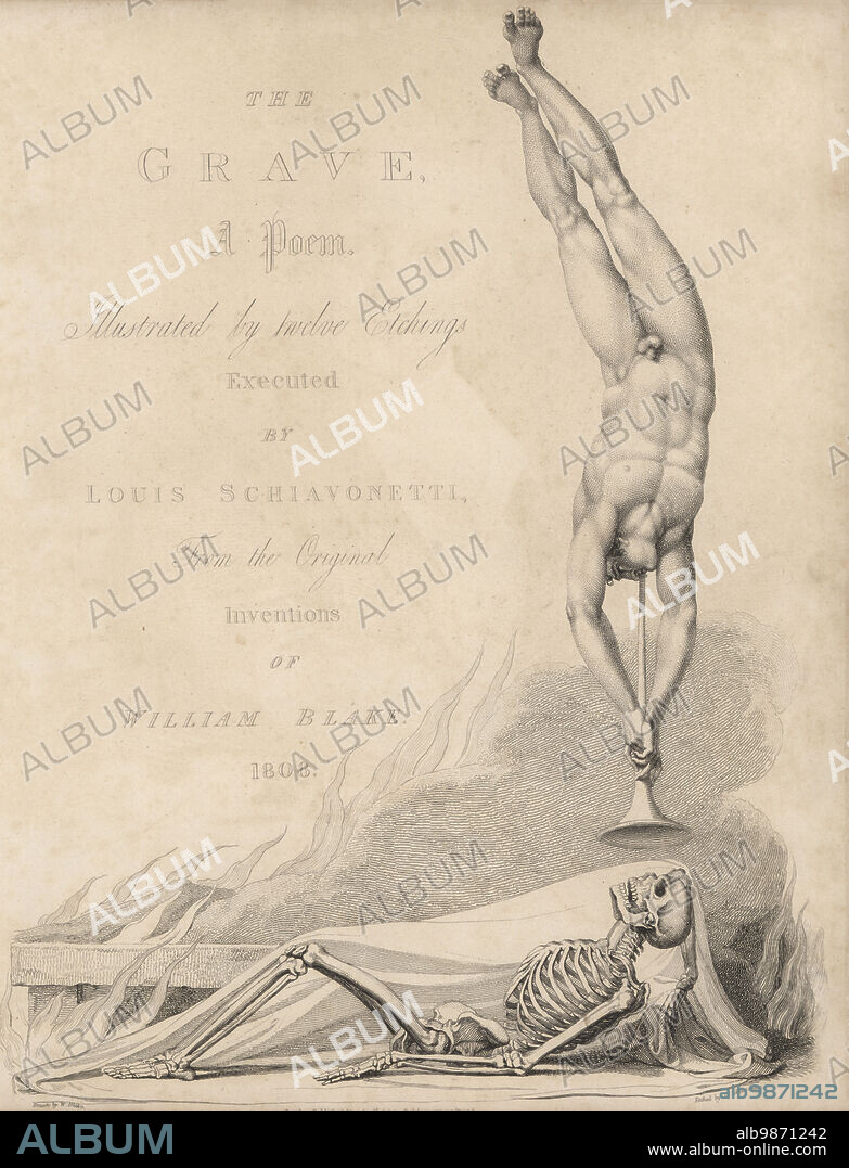The Skeleton Re-animated (Plate IX, on calligraphic title page). A naked male angel blows a trumpet at a reclining skeleton under a shroud next to a burning funeral pyre. Copperplate engraving by Louis Schiavonetti after an original drawing by William Blake from Robert Blairs The Grave, T. Bensley for Rudolph Ackermann, 1813.