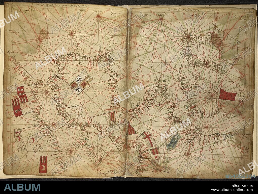 PIETRO VESCONTE. Portolan chart of western Europe and the Mediterranean, with the principal powers indicated by means of flags. Maps for the Liber Secretorum Fidelium Crucis. Italy (Venice); circa 1320-1325. (Whole folios) Portolan chart of western Europe and the Mediterranean, with the principal powers indicated by means of flags.  Image taken from Maps for the Liber Secretorum Fidelium Crucis.  Originally published/produced in Italy (Venice); circa 1320-1325. . Source: Add. 27376*, ff.180v-181. Language: Latin.