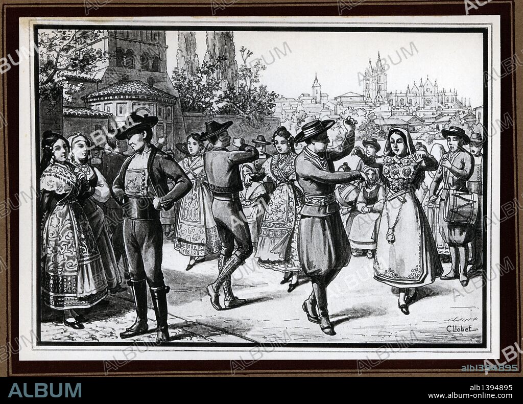 CARLOS LLOBET BUSQUETS. Bailao. Baile típico regional de León, también conocido como Charro, en Zamora, y Charrada, en Salamanca. Catedral de León. Grabado de 1929.