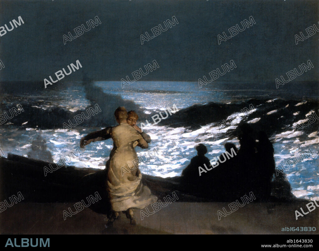 A Summer Night', 1890. Oil on canvas. Winslow Homer (1836-1910) American landscape and marine painter and printmaker. Two women dance while a group looks out onto a moonlit sea. Seascape Water Waves Rocks.