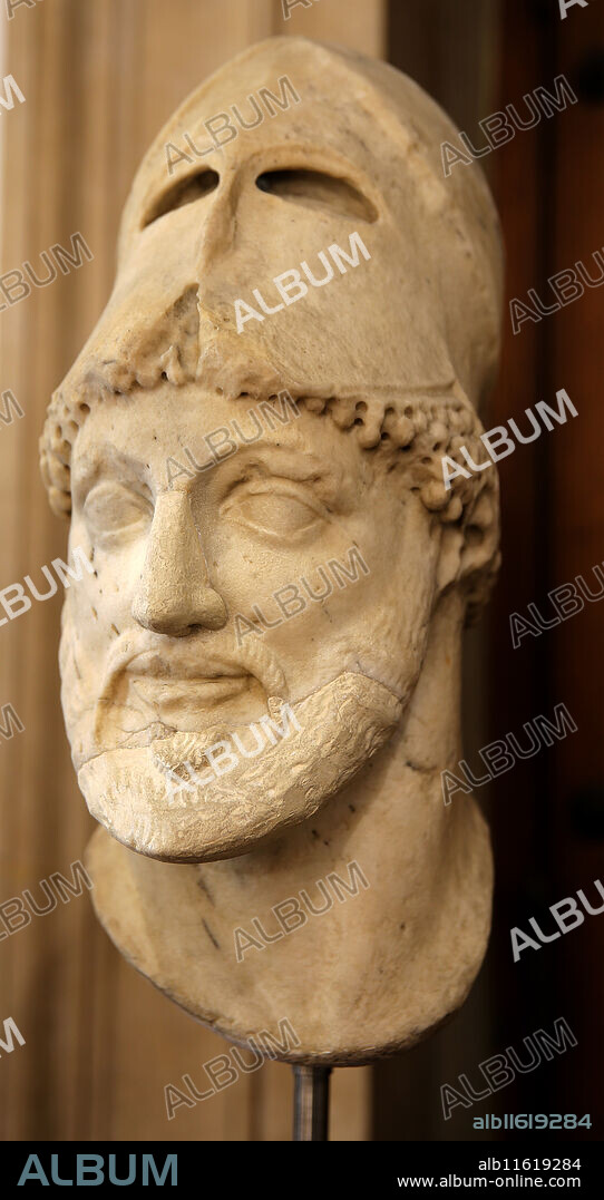 KRESILAS. Head of Pericles. 2nd century AD. Copy of a Greek original by Cresilas (5th century BC). Pentelic marble. From the castellani Collection. Barracco Museum of Antique Sculpture. Rome. Italy.