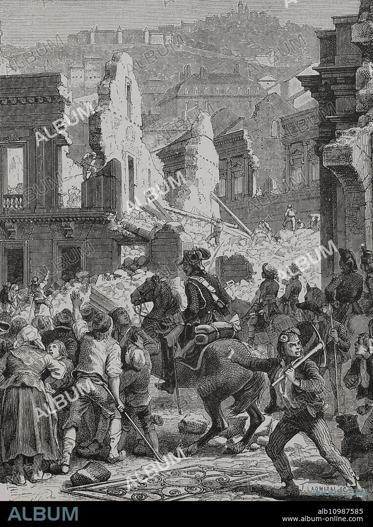 Jean-Marie Collot d'Herbois (1749-1796). Actor, dramaturgo y revolucionario francés. Diputado por París en la Convención Nacional. Formó parte del Comité de Seguridad Pública durante el Reinado del Terror. La Convención lo envió con Joseph Fouché, el 30 de octubre de 1793, para reprimir la revuelta de Lyon, ejecutando en masa a los insurgentes. Collot d'Herbois mandando derribar las casas de la plaza Bellecour de Lyon. Grabado por J. Ladmiral. "Historia de la Revolución Francesa". Tomo I, 1876.