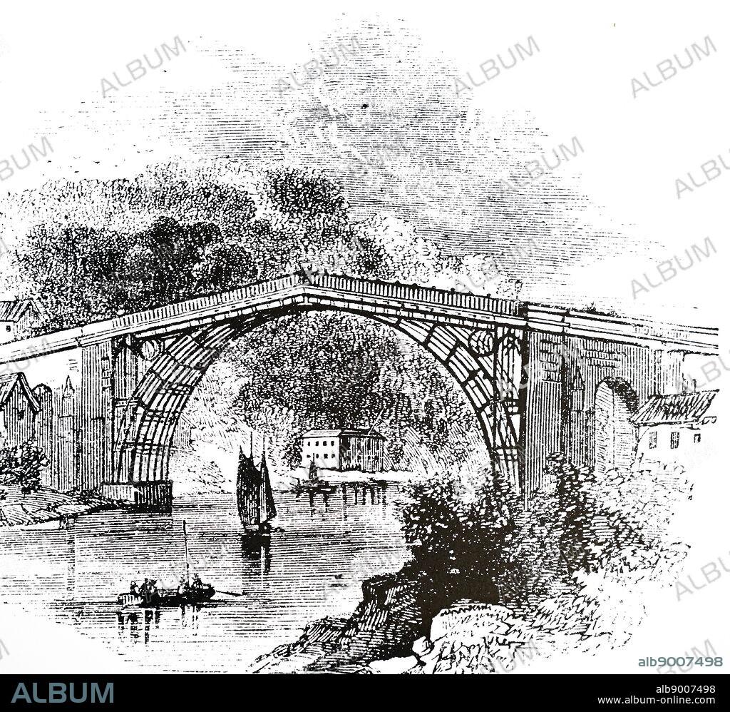 An engraving depicting Abraham Darby III's iron bridge in Coalbrookdale, Shropshire. Dated 19th century.