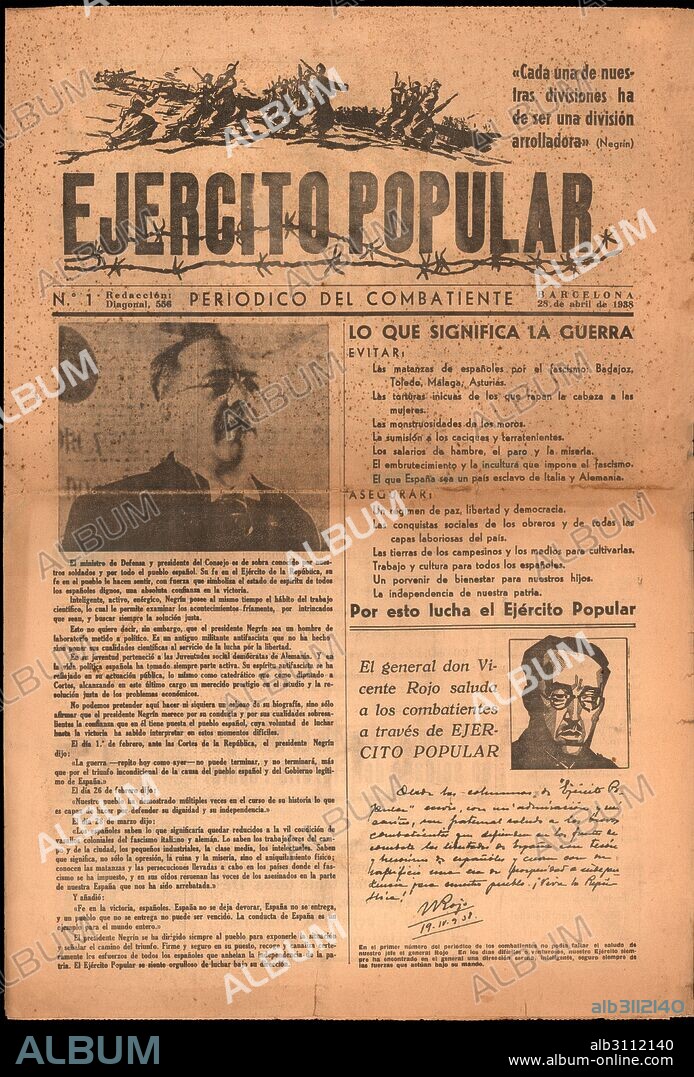 Guerra civil española (1936-1939). Portada de la revista Ejército Popular, nº 1. Juan Negrin López, presidente de la república. Vicente Rojo Lluch, general del ejército republicano. Barcelona, abril de 1938.