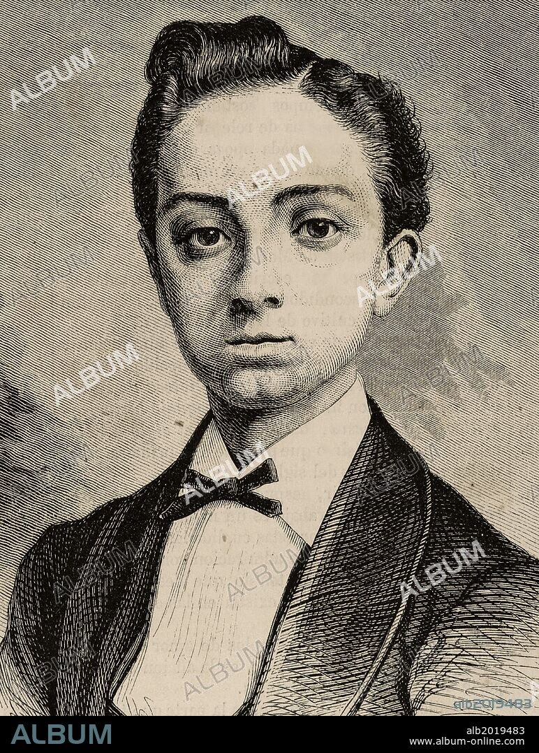El Principe Don Alfonso de Borbon y Borbon, futuro ALFONO XII (1857-1885). Rey de España entre 1874 y 1885. Hijo de la reina Isabel II de España y su marido, Francisco de Asís de Borbón. Reinó tras la Restauración borbónica, hasta su muerte prematura a los 27 años. Grabado de " La Ilustración Española y Americana".