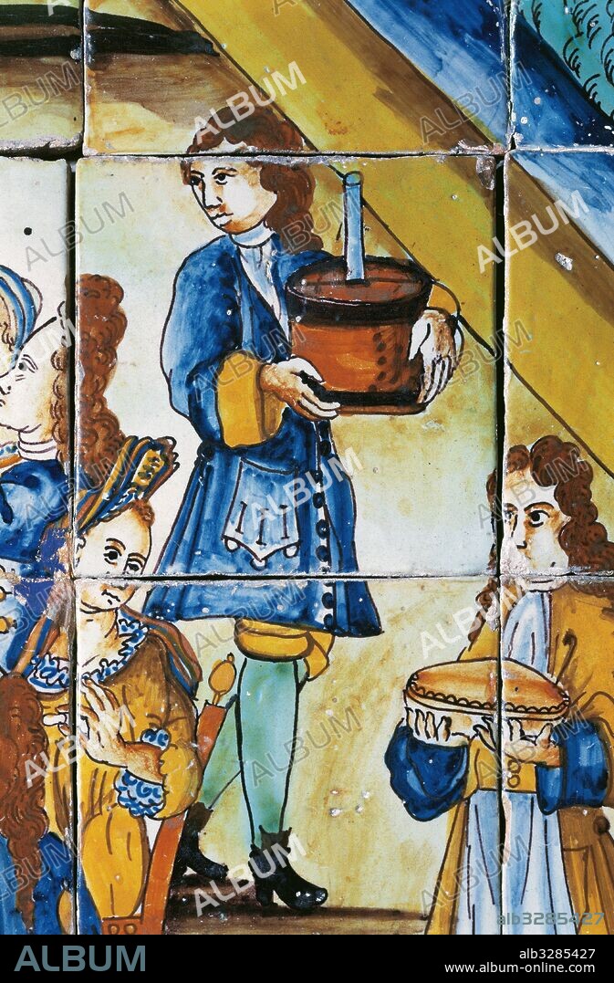 SOCIEDAD SIGLO XVIII. ESPAÑA. Detalle cerámico del panel de azulejos "LA CHOCOLATADA", del año 1710. Procede de una Casa del Marques del Castellvell en Alella (provincia de Barcelona, comarca del Maresme). CRIADO. Museo de Cerámica de Barcelona. España.