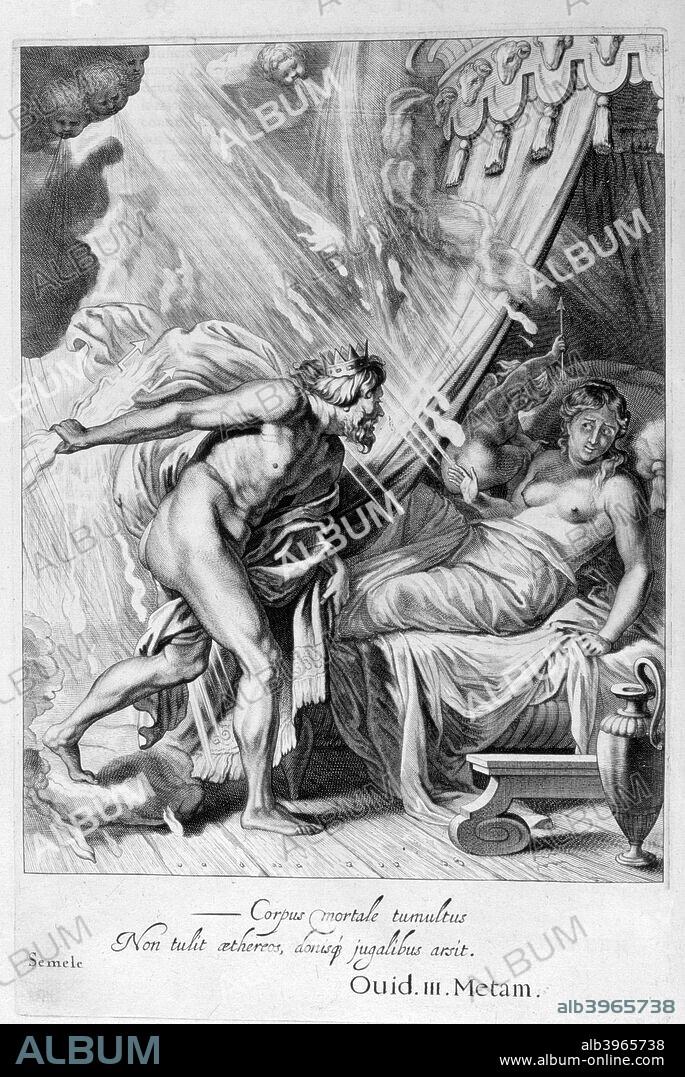 Semele is consumed by Jupiter's fire, 1655. A plate from Michel de Marolles's "Tableaux du Temple des Muses", Paris, 1655. Found in the collection of Jean Claude Carriere.