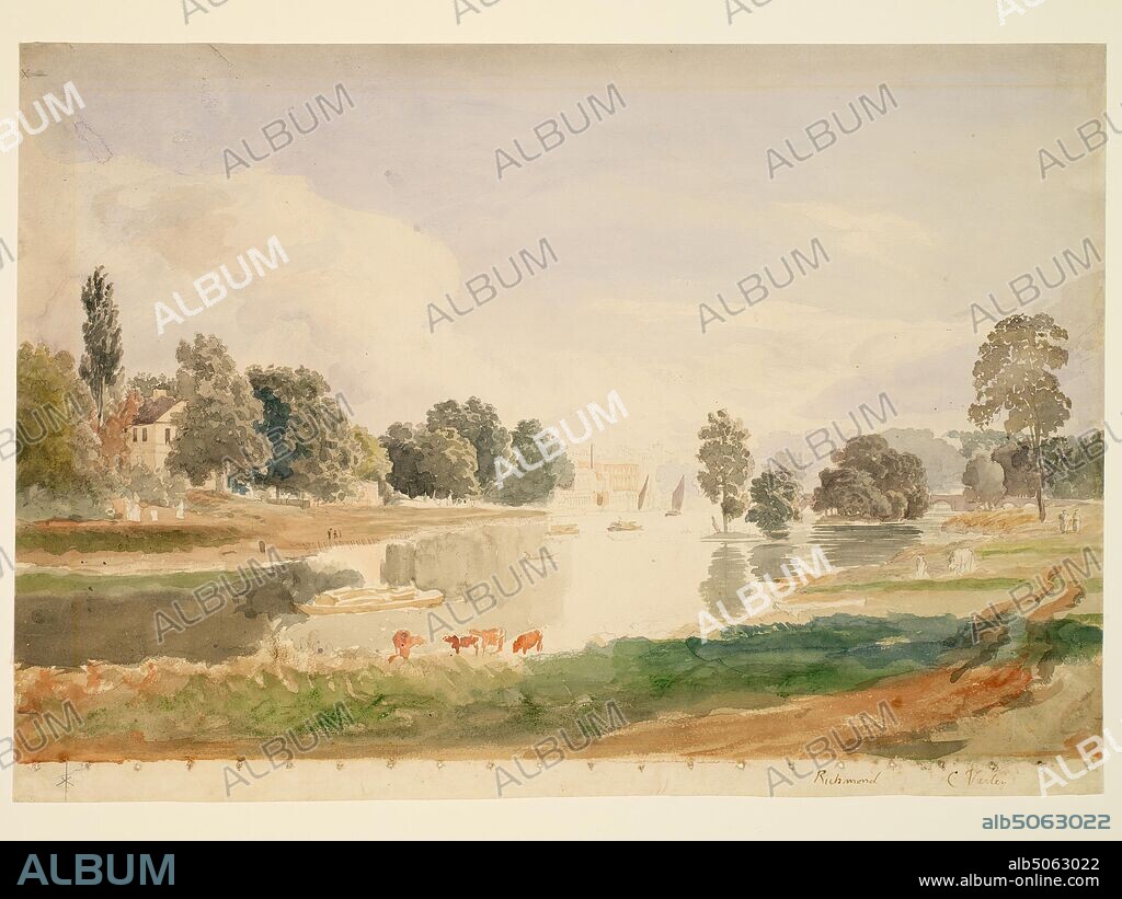 Richmond, Surrey By Cornelius Varley,, 1781 1873, an English water-colour painter and optical instrument-maker. He invented the graphic telescope and the graphic microscope. Landscape, Watercolour, Rural, Britain, UK, Europe.