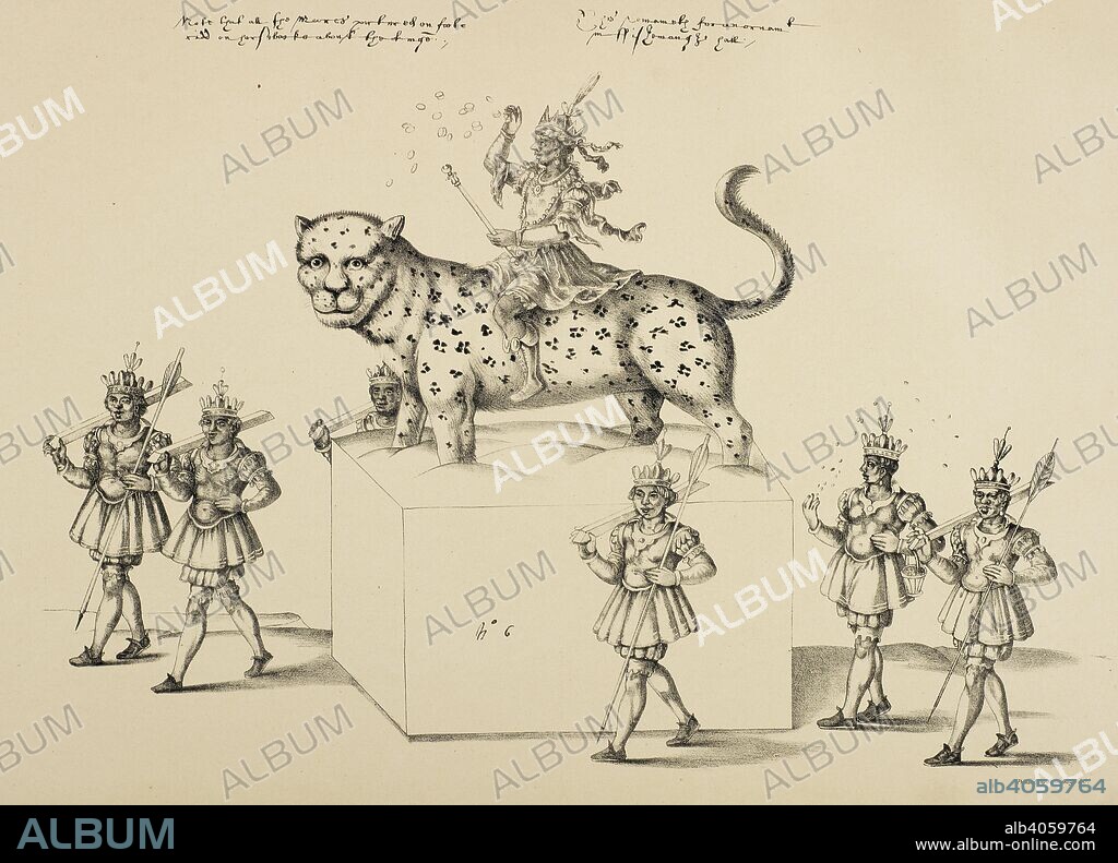 ANON and ANTHONY MUNDAY. Scene from a procession with men in period dress and a man riding a large leopard . The Fishmongers' Pageant on Lord Mayor's Day, 1616. Chrysanaleia, or the Golden Fishing, devised by Anthony Munday, ... Represented in twelve plates by Henry Shaw, ... from contemporary drawings in the possession of the Worshipful Company of Fishmongers. Accompanied with an historical introduction, and an appendix of various illustrative documents, by J. G. Nichols, ... [London]: Printed for the Worshipful Company of Fishmongers, 1859 J. B. Nichols and Sons, printers. Source: HS.74/1989 third image after appendix.