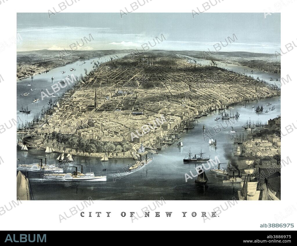 Vintage American history print featuring a cityscape view of New York City, circa 1850.