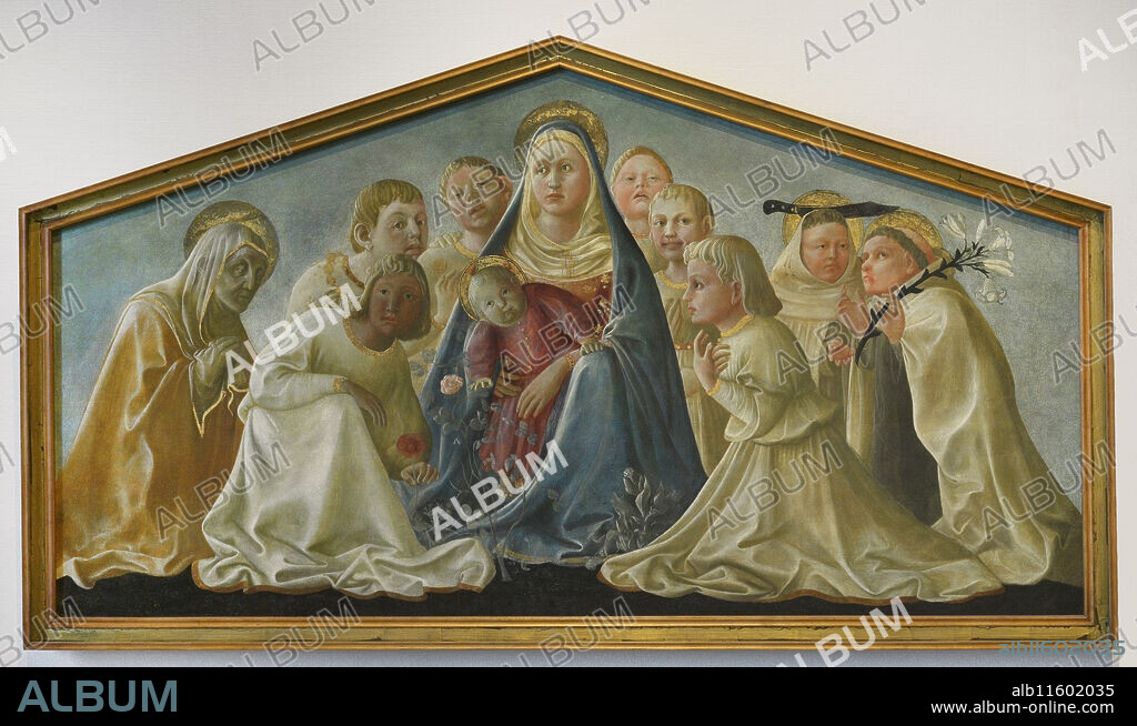 FILIPPO LIPPI (1406-1469). ITALIAN PAINTER.. Filippo Lippi (1406-1469). Pintor italiano. La Virgen con el Niño, santos y ángeles, conocida como "Madonna Trivulzio", 1429-1432. Los ángeles sentados junto a la Virgen están representados sin alas y entre ellos podemos identificar a algunos santos de la Orden de los Carmelitas; de izquierda a derecha: Angela de Bohemia (manos con velo), Angelo de Licata (con un cuchillo) y Alberto de Sicilia (con un lirio). Temple sobre tabla transferido a lienzo (62 x 167,5 cm). Pinacoteca del Castello Sforzesco, Milán, Italia.