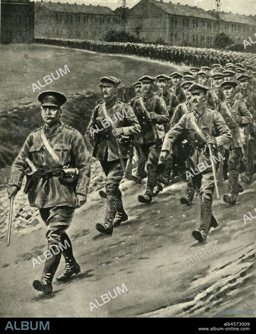 SAMUEL BEGG. Captain William Redmond leading Irish troops at the Front, First World War, 1916, (c1920). 'While the Sinn Feiners were rebelling in Ireland: Captain William Redmond, M.P. [1886-1932], brother of Mr. John Redmond, leading Irish troops at the Front..."Is it not an additional horror", said the Irish leader, Mr. John Redmond, "that on the very day when we hear that men of the Dublin Fusiliers have been killed by Irishmen in the streets of Dublin, we receive the news of how the men of the 16th division - our own Irish Brigade, and of the same Dublin Fusiliers - had dashed forward and by the unconquerable bravery retaken the trenches that the Germans had won at Hulluch [in northern France]?"' Drawn by S. Begg from an official photograph. From "The Great World War: A History", Volume V, edited by Frank A Mumby. [The Gresham Publishing Company Ltd, London, c1920].