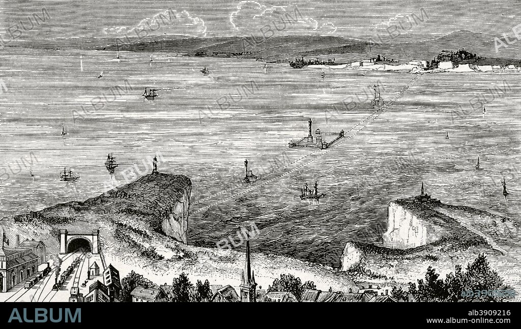 Europa. Proyecto de obras para enlazar los puerto de Calais (Francia) y Dover (Inglaterra), a través del Canal de la Mancha. Grabado del Túnel submarino con estación en las Rocas de Barne. Proyecto visionario del ingeniero francés Aimé Thomé de Gamond (1807-176) que creía en la viabilidad de construir un tunel del Canal bajo el estrecho de Dover. La Ilustración Española y Americana, 30 de enero de 1876. Biblioteca Histórico Militar de Barcelona. Cataluña, España.